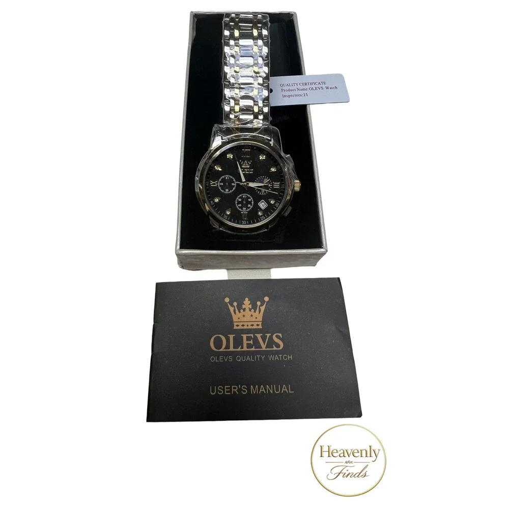 OLEVS Chronograph Watch Two Tone Silver Gold Black Dial Luxury 2858G New